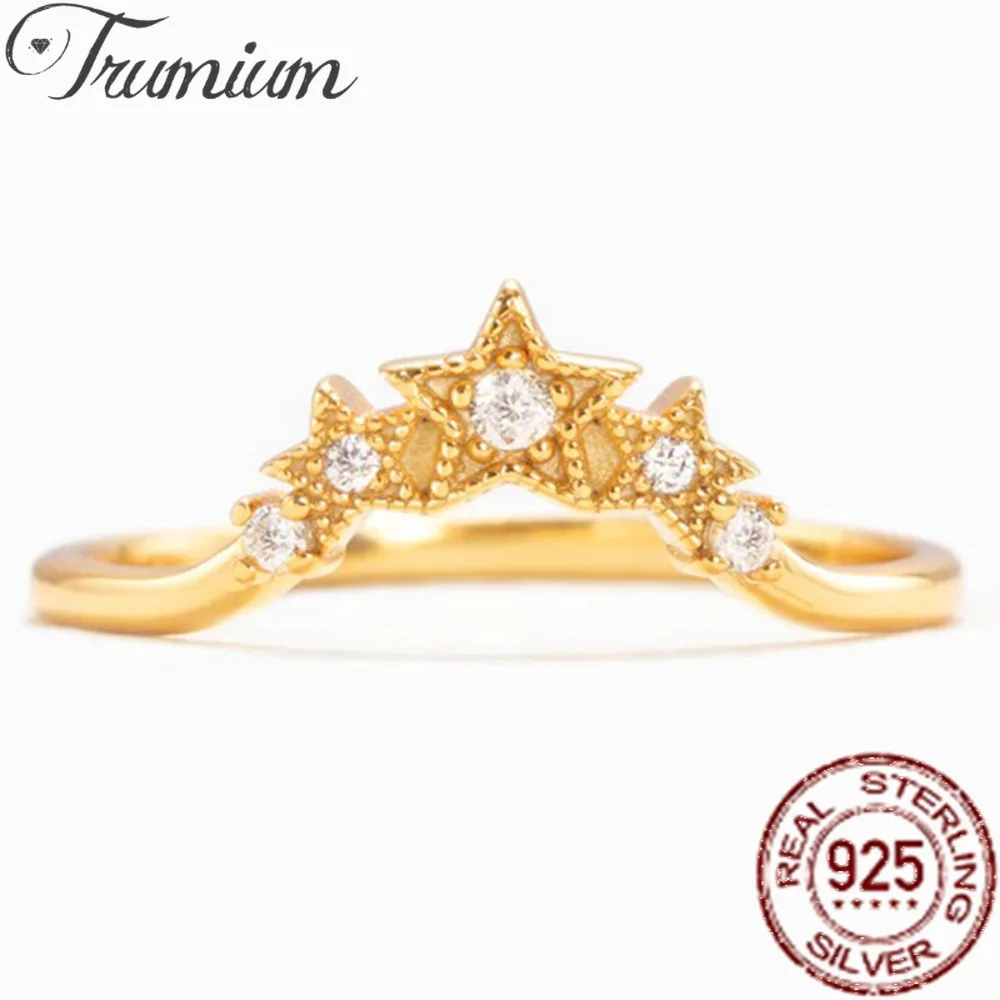 

Trumium Real 925 Sterling Silver Fancy Star Crown Women's Ring Cubic Zirconia V Rings for Bride Wedding Party Statement Jewelry