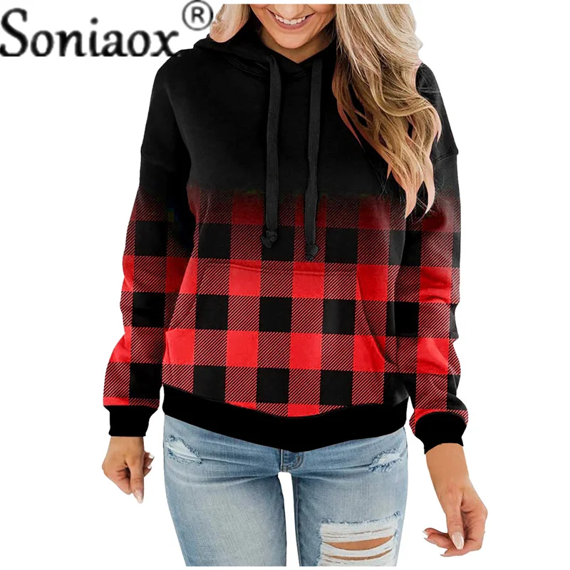 Модный свитшот в клетку с градиентом Женская Повседневная Свободная плюшевая