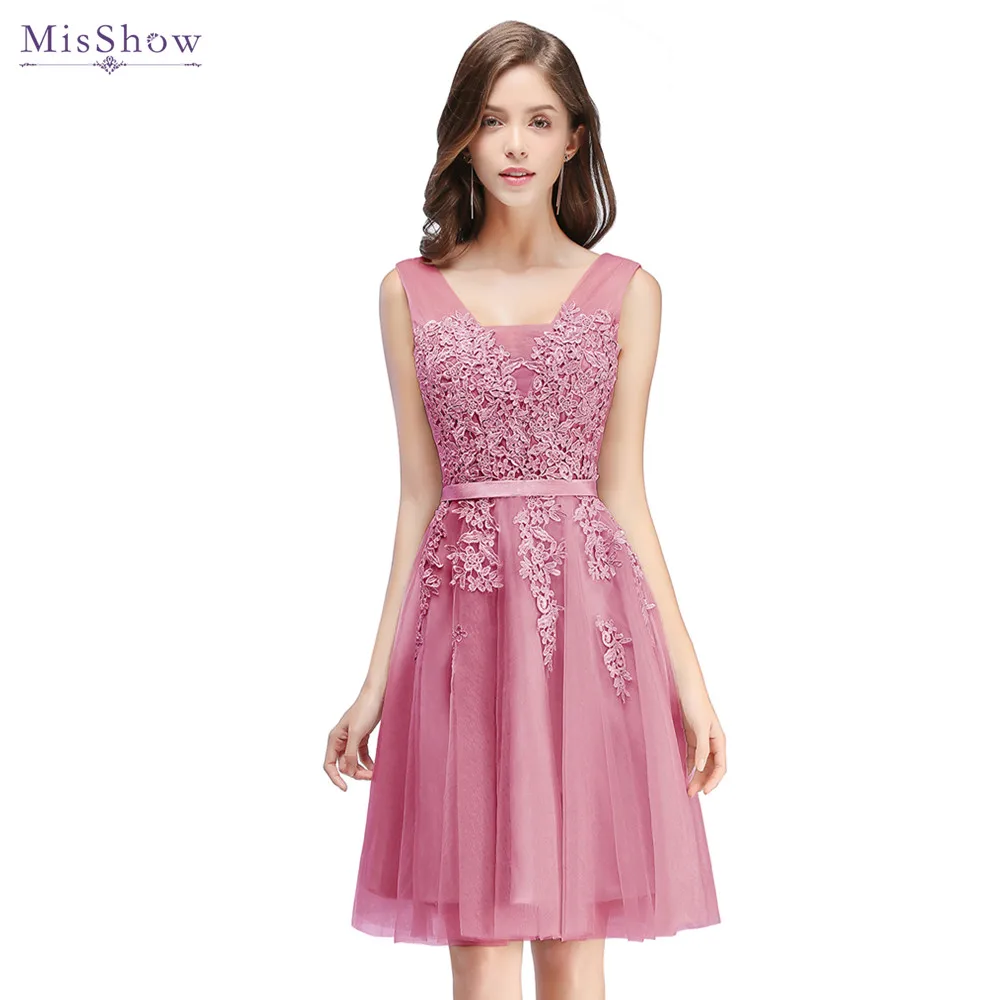 

Elegant Pearls Pink Lace Short Prom Dresses Sexy V Neck Appliques Beading Lace Up Knee-Length Graduation Party Dress Prom Gowns