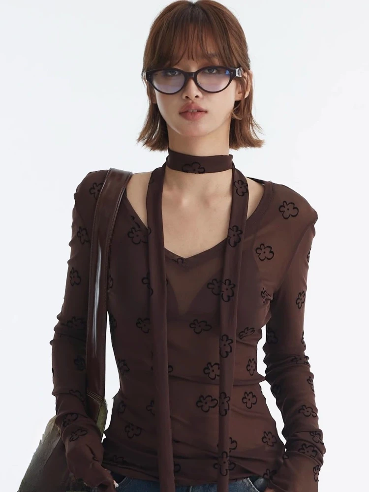 Harajuku See Through Mesn Шарф Топы Женская Цветочный Принт Y2k Эстетическая Футболка Винтаж