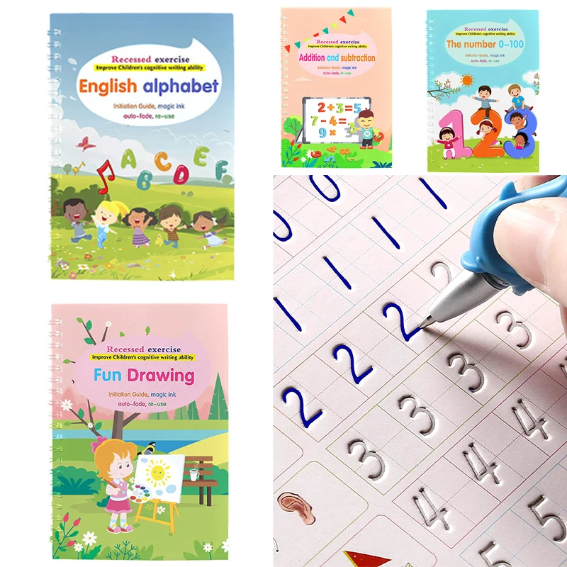 

4 Reusable Books Copybook for Calligraphy Children's Favorite Copy Color Picture Book Learning Will Be Fun English Lettering Toy