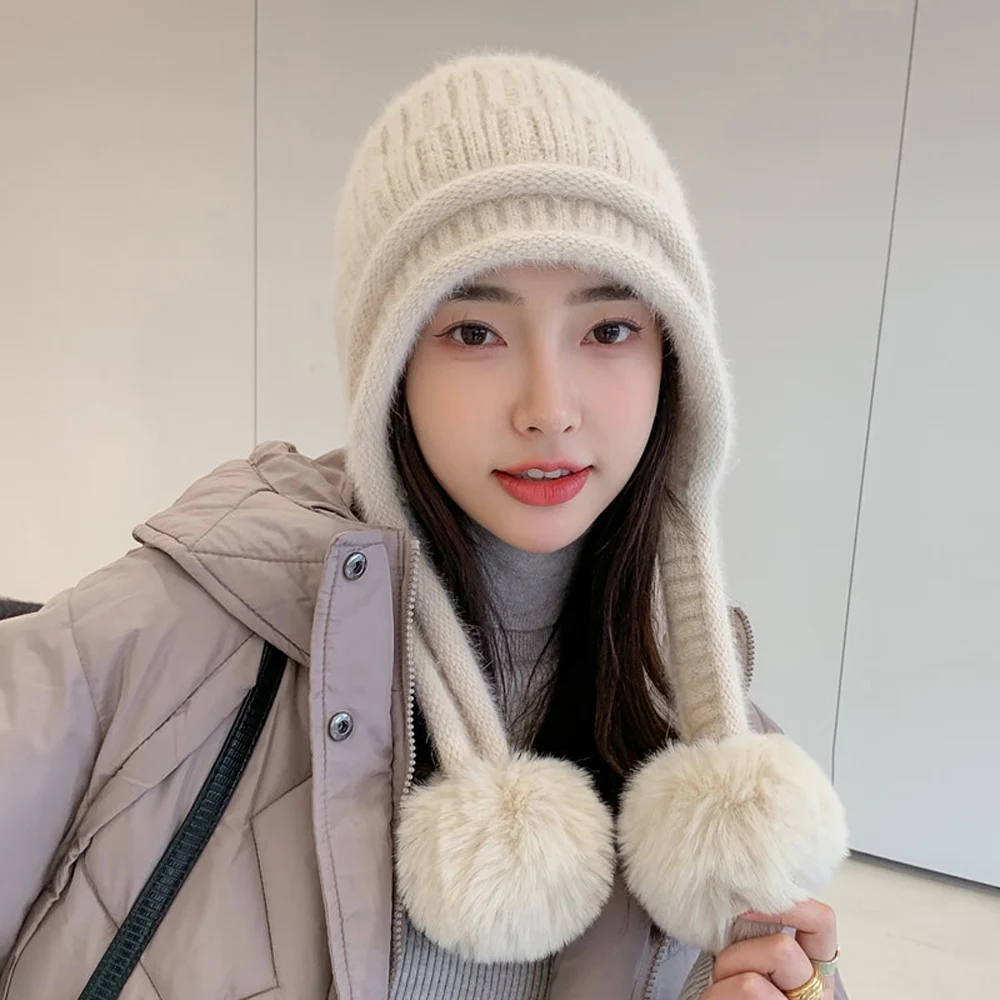 

Women Girl Fashion Winter Hats Knitted 3 hair balls Beanies Female Ear Protection Hat Warm Thick outdoor Riding Baggy Caps