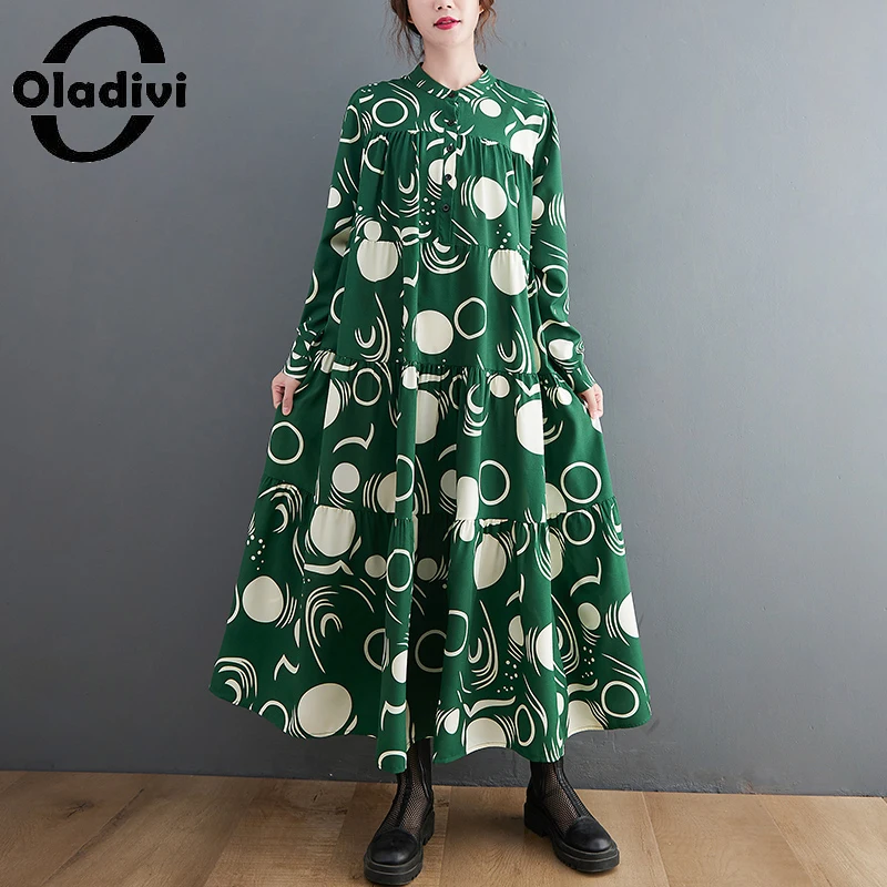 

Oladivi Plus, модное женское Платье макси с принтом в горошек, повседневные свободные платья с длинным рукавом, новинка весны 2022, Одежда большого ...