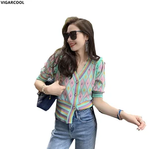 French retro style v-neck knitted Cardigan thin section Summer Women's ice silk slim knitted Jacket 