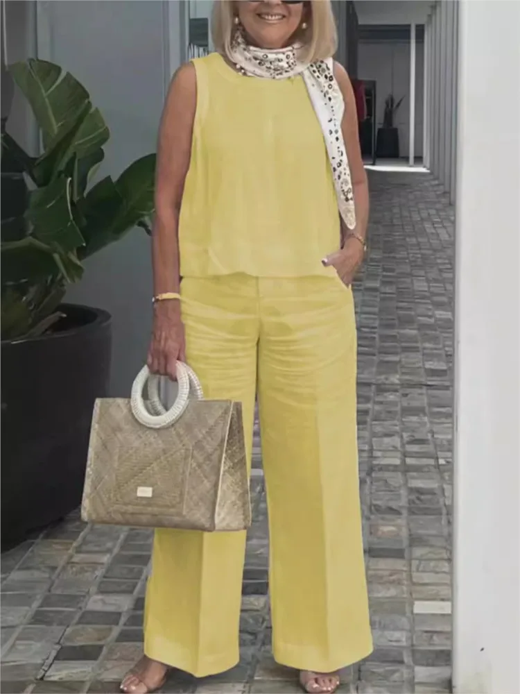 Костюм женский из топа без рукавов хлопково-льняной однотонный