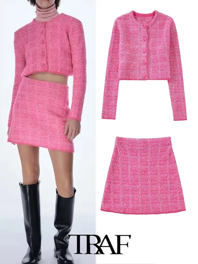 

TRAF Women 2Pcs Textured Short Knit Coat Top +Textured Knitted Mini Skirt 2023 Solid color Sexy Tops Two Piece Set