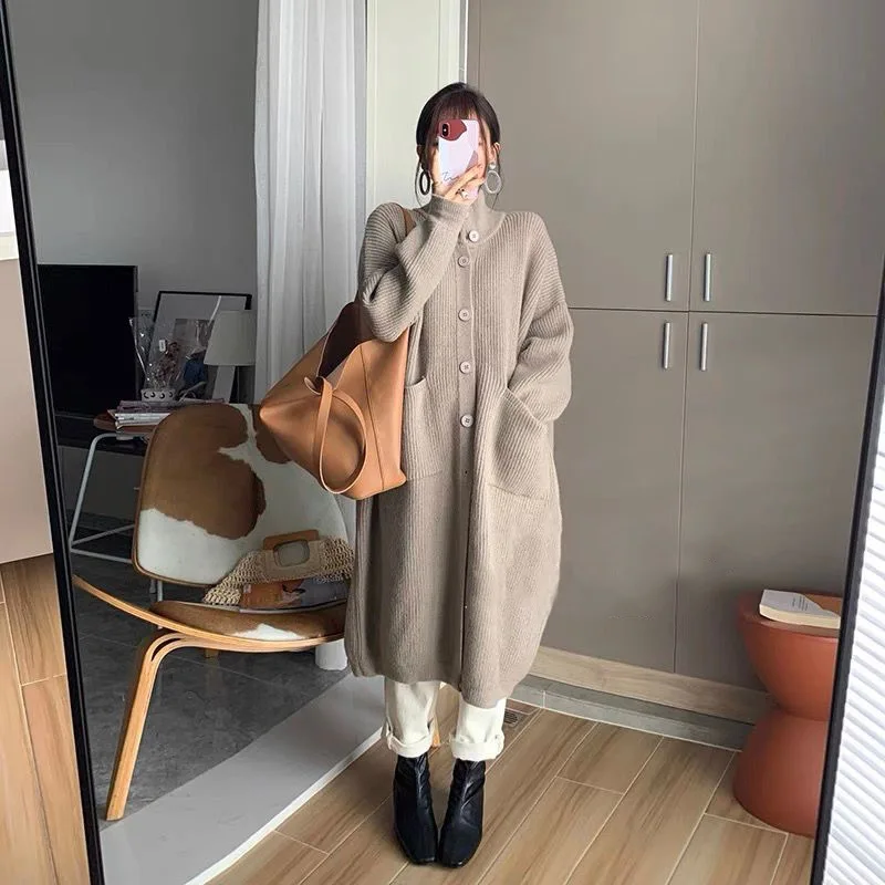 

SuperAen High-end Retro High Collar Long Sweater Coat New Design Knitted Cardigan Women's Autumn and Winter Coat