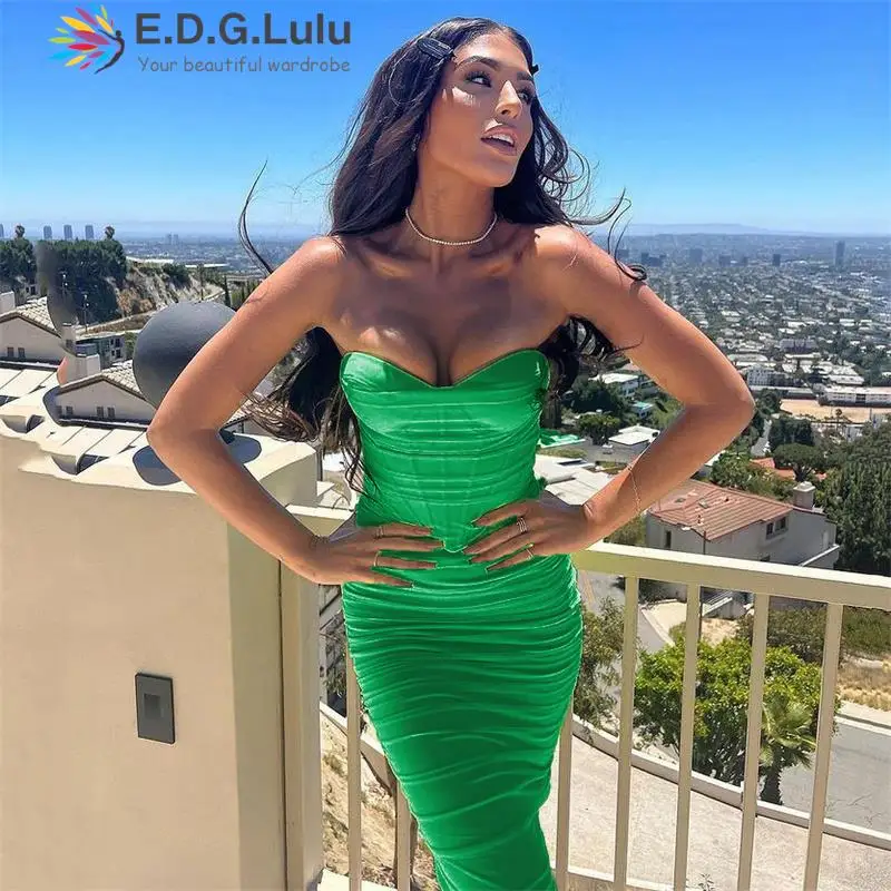 

EDGLuLu Summer Sexy Party Strapless Fold Bodycon Dresses For Women 2022 Sleeveless Backless Split Midi Mesh Dress Sundress 1115