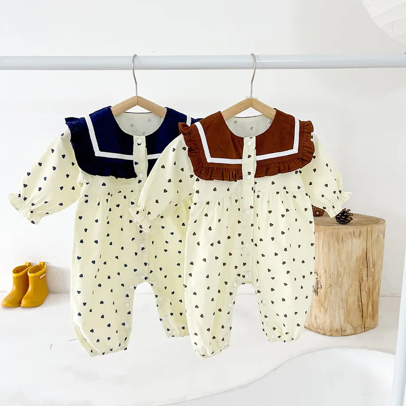 

Baby Jumpsuits for Girls Love Heart Print Romper Corduroy Autumn Children Clothing Cute Sailor Collar Infant Boys Rompers 0-3Y