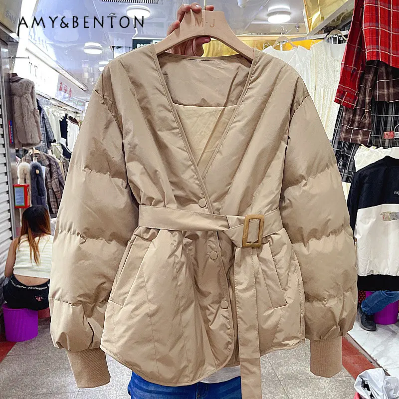 Design Sense Short Cotton Jacket for Women Cotton-Padded Clothes V-neck Belt Waist Trimming Coat Cotton-Padded Down Jacket