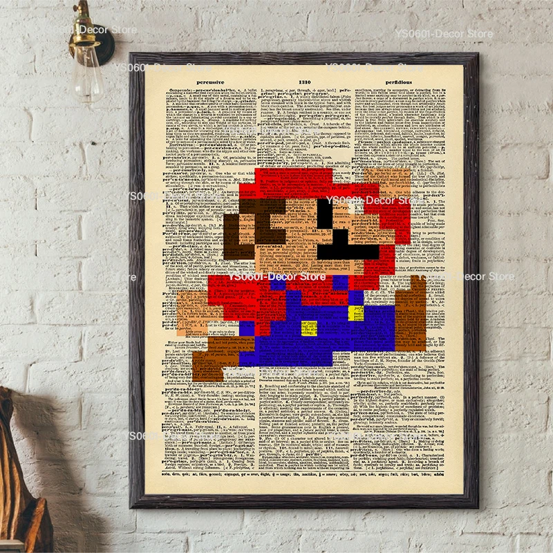 

Retro Super Mario Pixel Posters Old Dictionaries Page Anime Game Canvas Painting Wall Art Prints Living Room Decor Home Decor