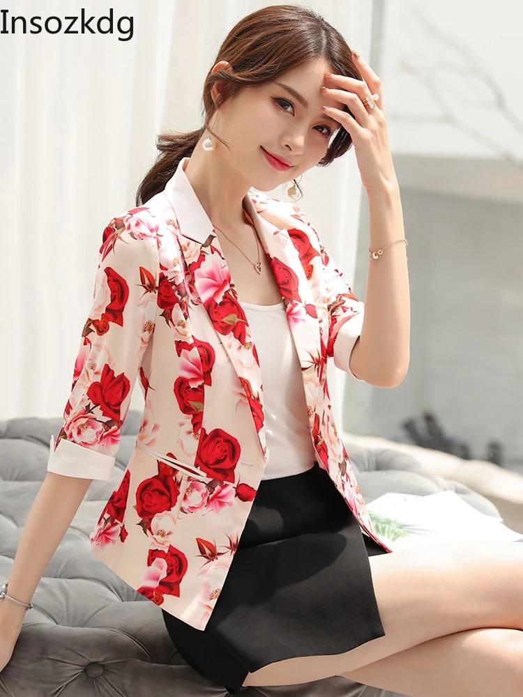 

Insozkdg Printed Blazer Women 2022 New Summer Thin Fashion Temperament Slim Half Sleeve Jacket Office Ladies Work Coat Harajuku