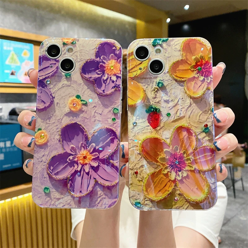 

Luxuly Purple Blu ray Flower Protection Phone Case For iPhone 13 12 11 Pro Max X Xs XR 7 8 Plus SE Transparent Shockproof Cover