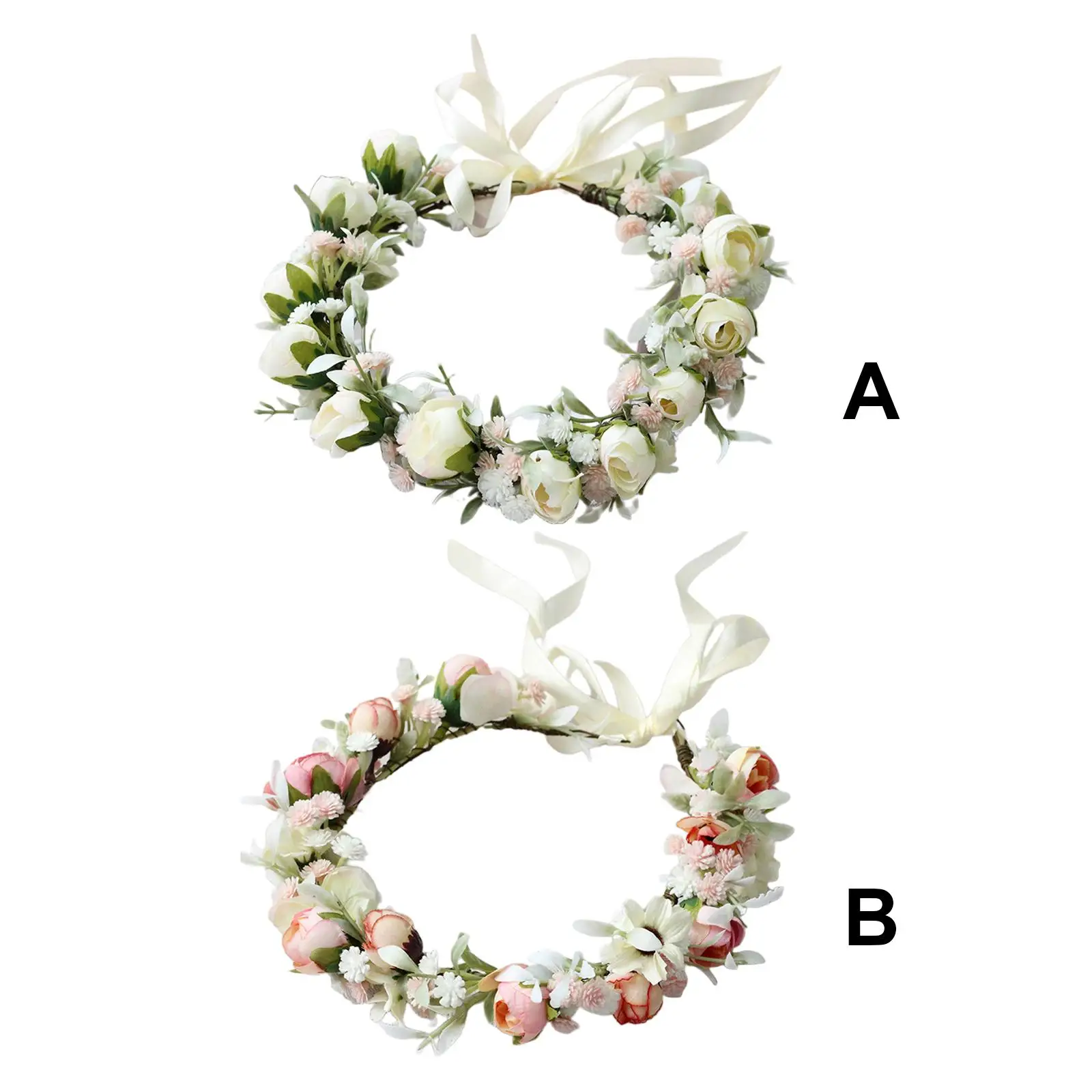 

Boho Women Girl Flower Headband with Adjustable Ribbon Crown Floral Garland for Wedding Festival Tiaras Hair Band Photo Props