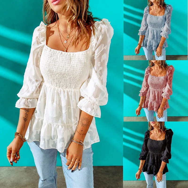

Women Sexy Chiffon Shirt Ruffled Smocked Mesh Top 2022 Summer Fashion Ladies Square Collar Long Sleeve Vest Famale Casual Blouse