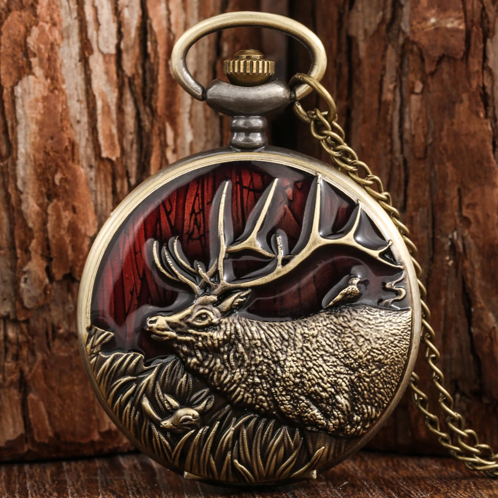 Bronze Quartz Pocket Watch Necklace Gift 3D Creative Long Horns Elk Design Deer Animal Pendant Chain Clock Analog Fob Watch