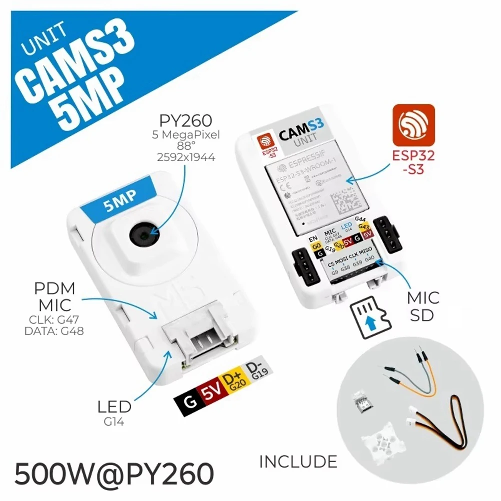 Фото Модуль камеры CamS3 Wi-Fi Камера 5 МП Блок ESP32S3 Камера 5 мегапикселей (PY260) 88 °   Встроенный микрофон PDM DFOV №2
