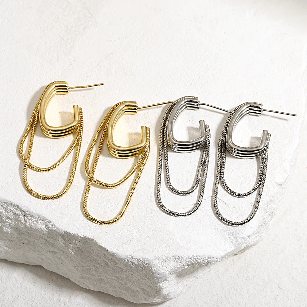 

18K Gold Plated Long Chain Earrings With Circle Temperament Long Tassel C-Shape Dangle Earrings for Women Wedding Jewelry Gifts