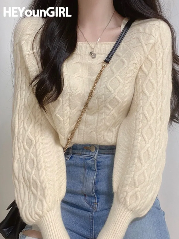 

HEYounGIRL Crochet Lantern Sleeve Pullover Korean Women Sqaure Collar Winter Sweater Thick Warm Fairycore Tops Streetwear Basic