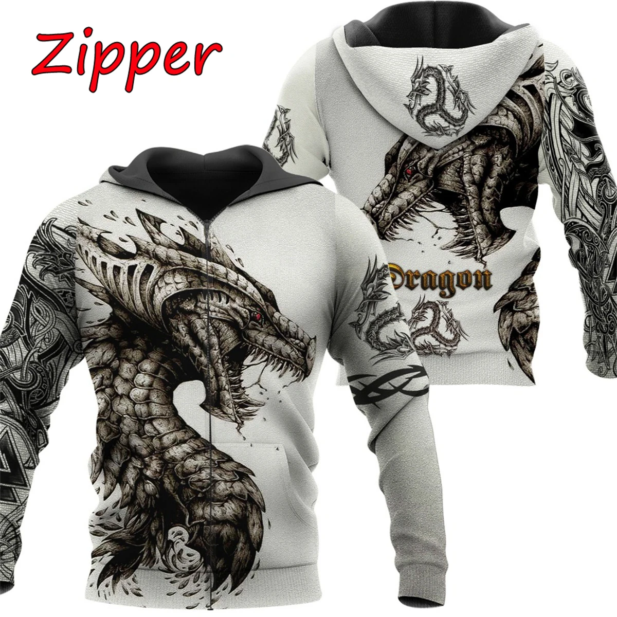 

2023 Black and White Tattoo Dragon 3D Printing Men's Hooded Sweatshirt Unisex Street Dress Zipper Pullover Casual Jacket