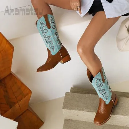 Color Block Embroidered Mid Calf Cowboy Boots Retro Chunky Heel Med Heel Women Shoes Spring for Autumn Winter Boots Large 35-48