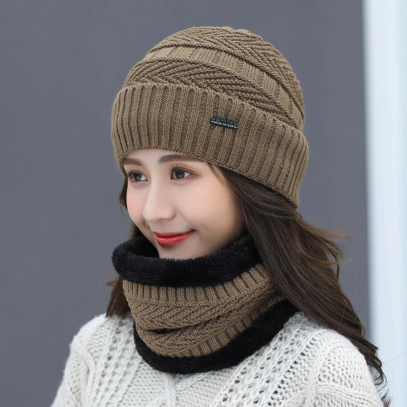 

Winter Hats Woman Knitted Scarf Neck Warm Fleece Fashion Solid Color Thicken Sports Beanies for Men