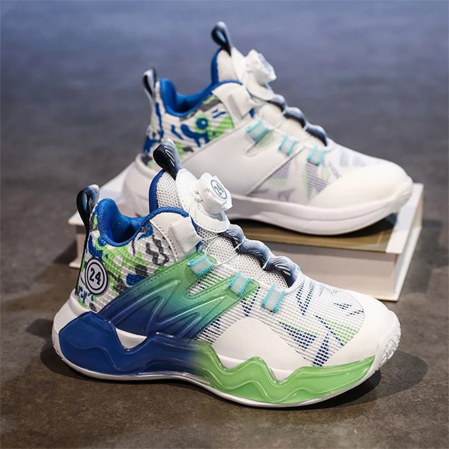 Kid Sneakers Mesh Breathable Boys Basketball Shoes Cushioning Rotating Button Training Athletic Basketball Shoes