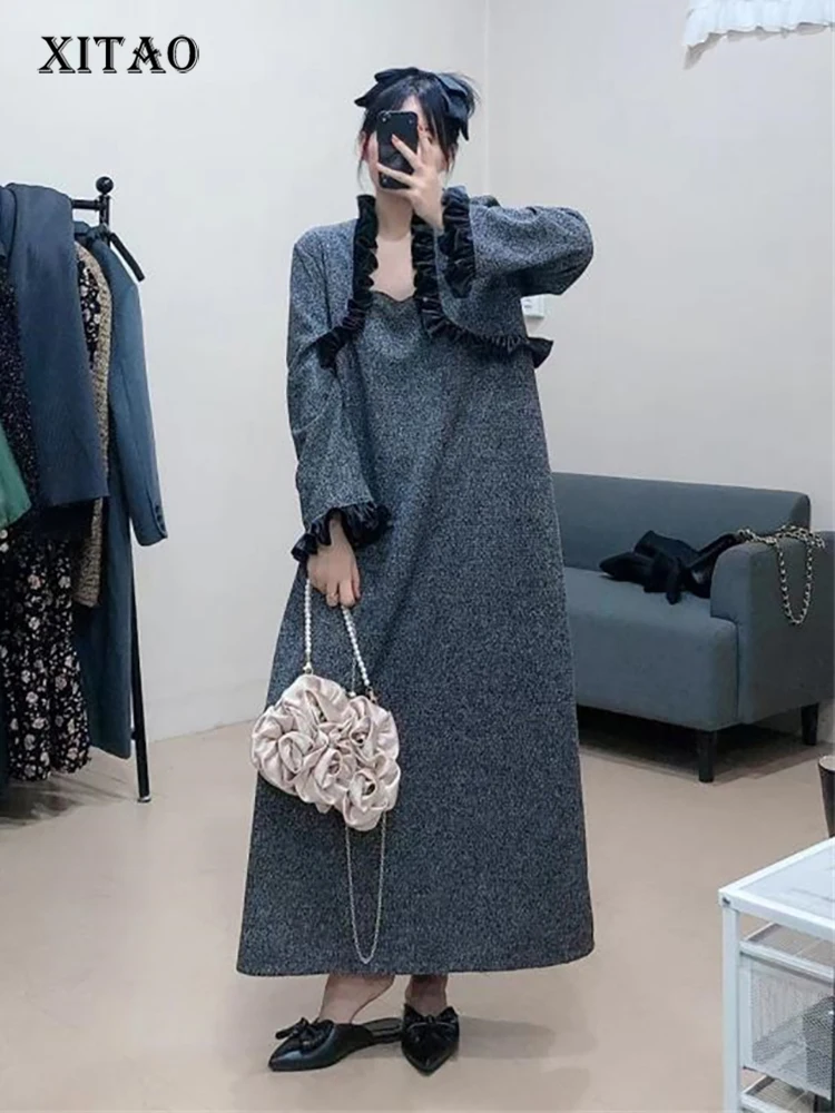 

XITAO Vintage False Two Pieces Sets Dresses Gray Casual Square Collar Women New Edible Tree Fungus Decorate Dress FBB1311