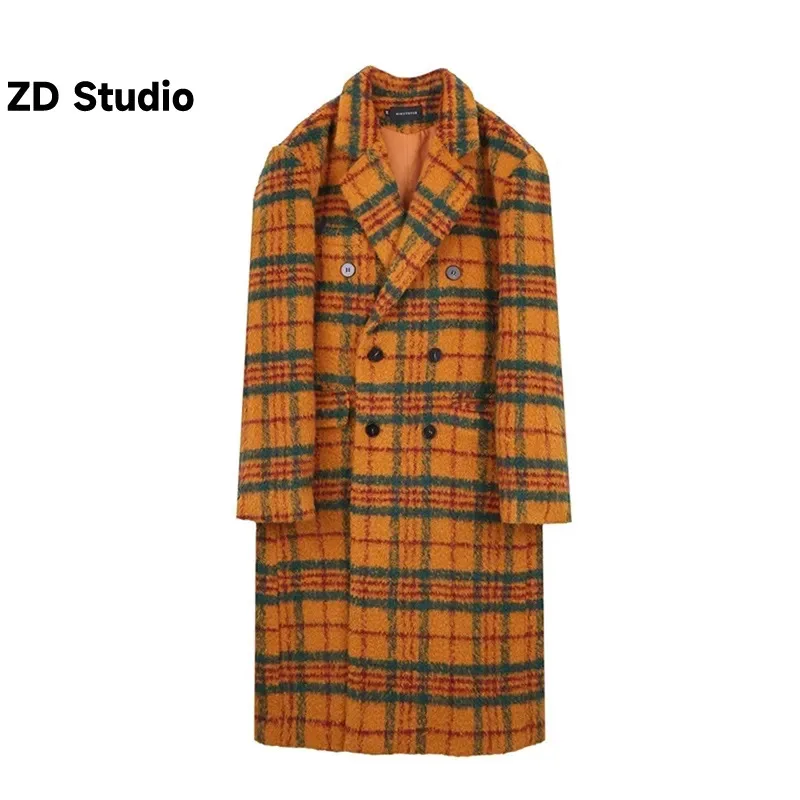 

Новинка Осень-зима 2023, свободное винтажное клетчатое шерстяное пальто [ZD Studio] выше колена, повседневная куртка