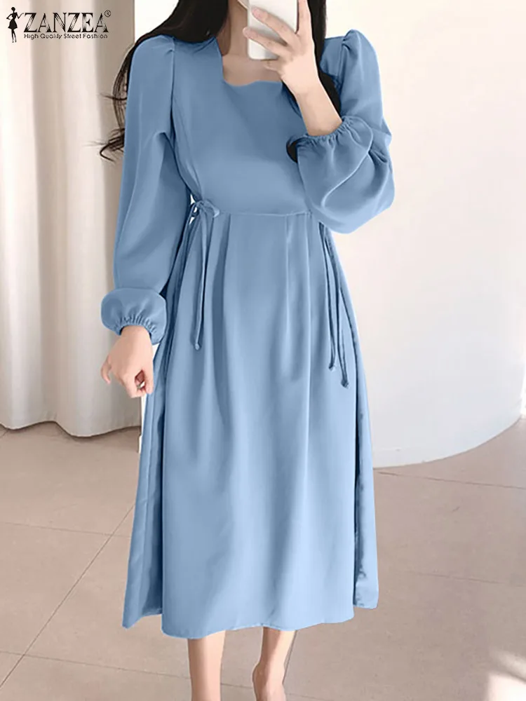 

ZANZEA Fashion Women Retro Party Robe Longue Elegant Solid Pleated Dress Spring Long Sleeve Midi Dress Loose Vestidos Oversized