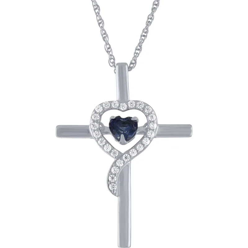 

Brilliance Fine Jewelry Women's Created Blue Sapphire Dancing Cross Pendant in Sterling Silver, 18"