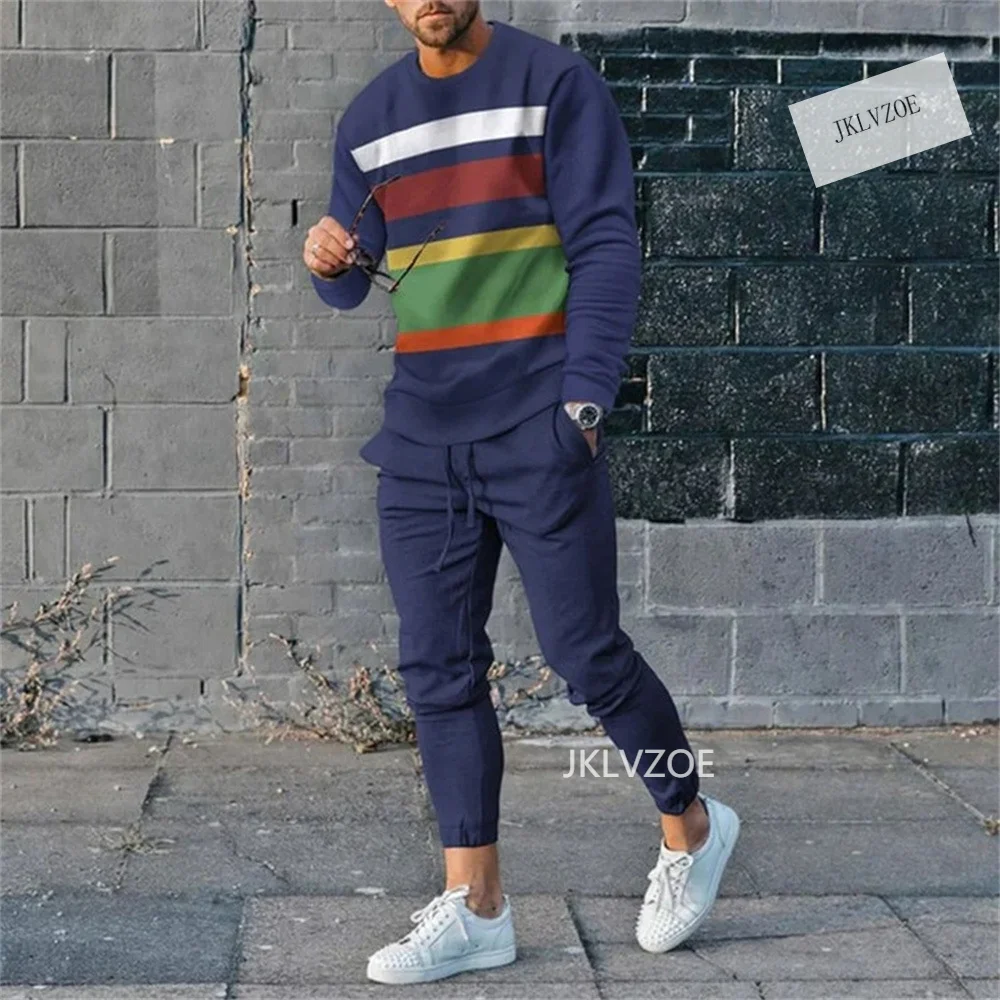 Summer Men's Sportswear Casual Long Sleeve Pants Striped Suit Men's Jogging Training Suit Two-piece Trendy Streetwear Plus Size