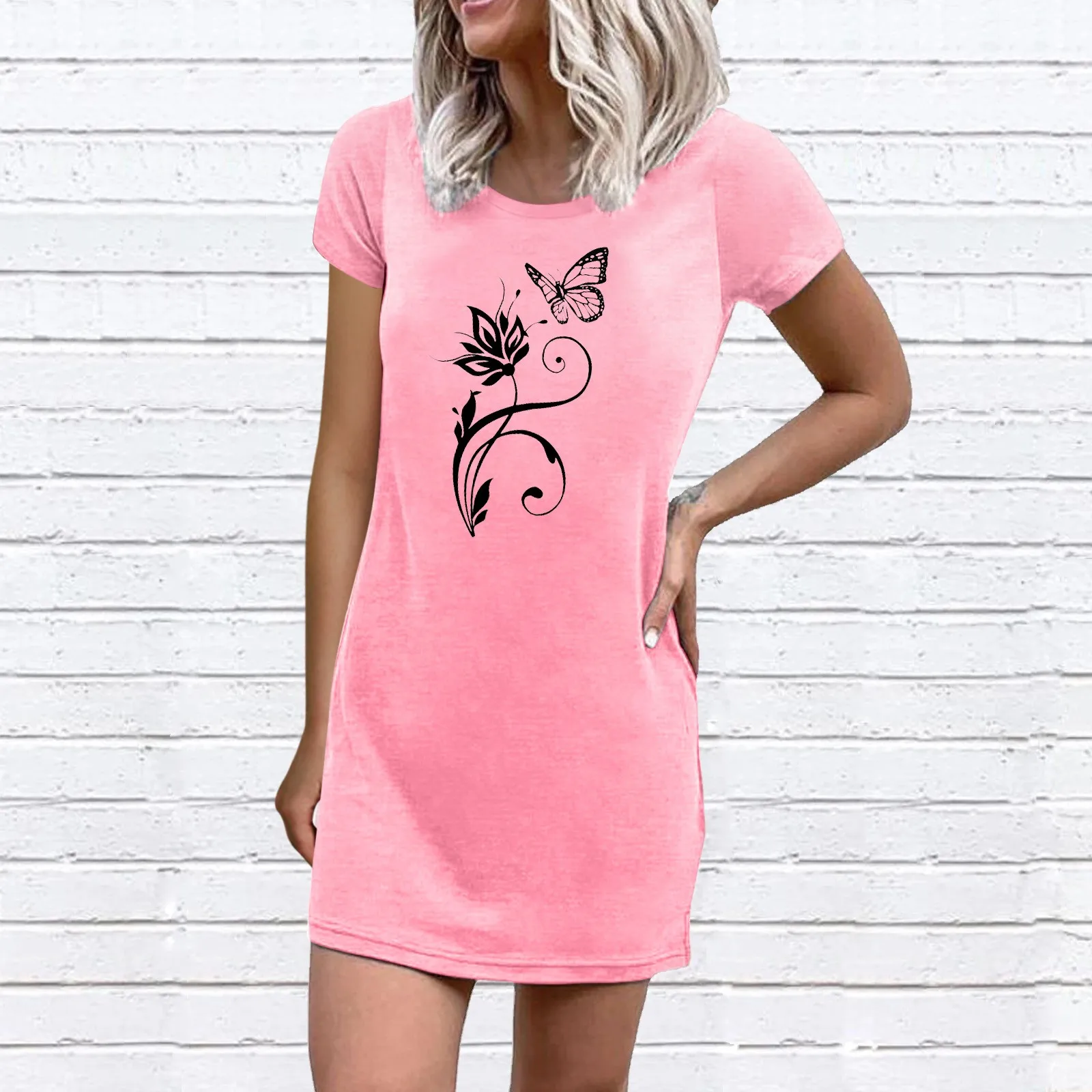 

Женское платье-футболка с круглым вырезом, с принтом бабочек