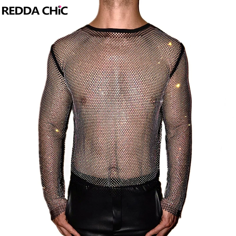 ReddaChic Стразы сетчатая прозрачная мужская майка с длинными рукавами и вырезом лодочкой идеально подходит для длинных волн ReddaChic Стразы сетчатая прозрачная мужская майка с длинными рукавами и вырезом лодочкой идеально подходит для длинных волн
