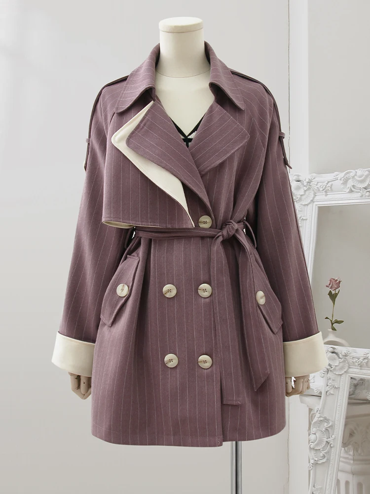 

2022 New Spring Autumn Raspberry Pink Stripe Double Breasted Long Trench Coats For Women Clothing Casual Windbreaker Coats bd593