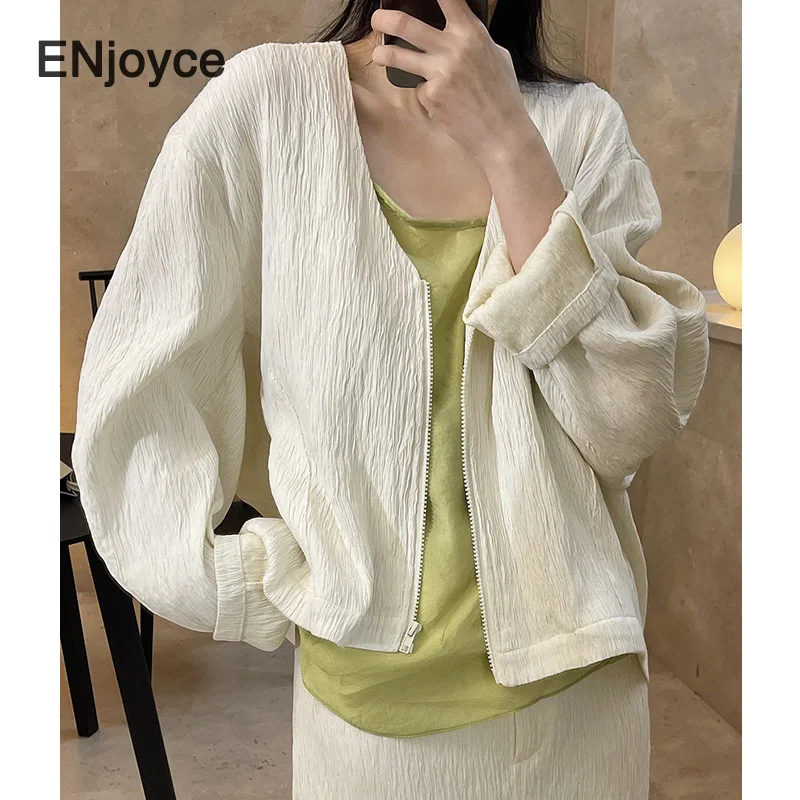 

Korean Vintage Beige Cardigan Suit Loose Short Section Coat Women Office V-neck Shirt Jacket Elegant Casual Thin Coats Summer