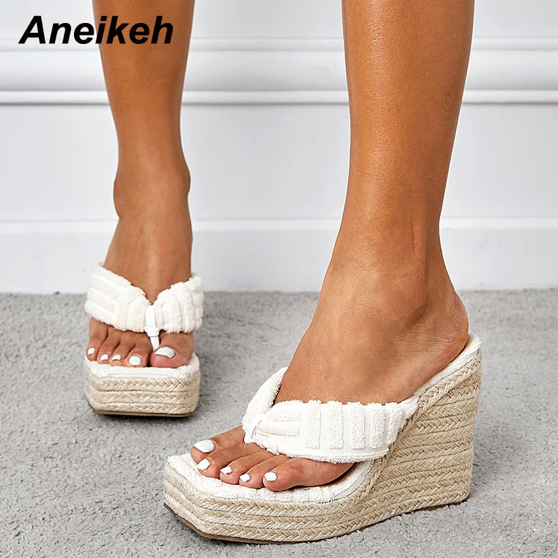 

Aneikeh 2022 Flock Women Shoes Summer Slides Squared Toe Sweet Slippers Concise Fashion Shallow Wedges Heels White Size 35-42