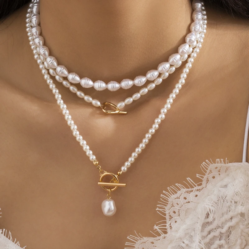 

Summer Woman Fashion Imitation Pearl Stacked Wear Collarbone Chain Everything Water Drop Pendant Retro Beaded Necklace