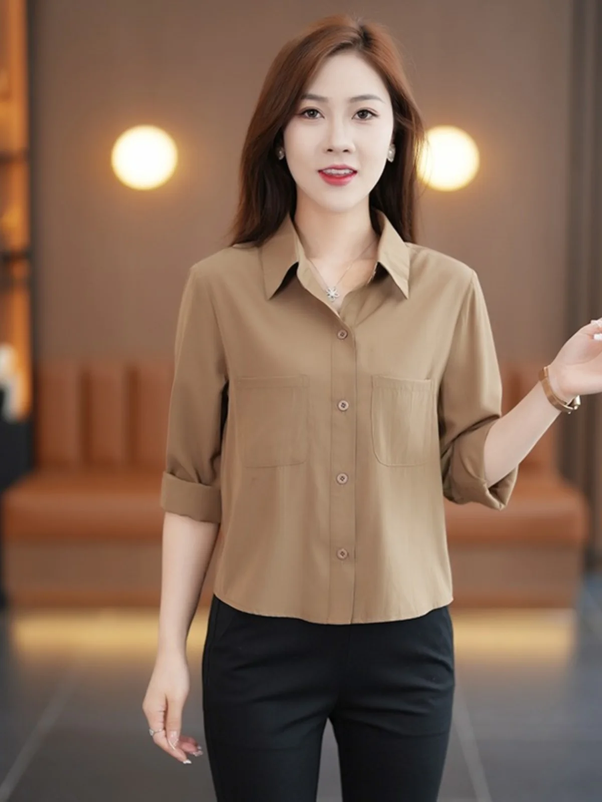 Fashion Western Sle Shirts Women 2024 Autumn New Loose Belly Covering Slimming Slim fit Small Short Long sleeve Shirt