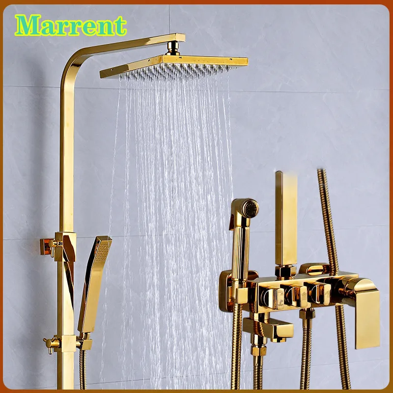 

Gold Shower Set Quality Brass Hot Cold Bathroom Shower Mixer Faucets Tap Luxury Wall Mounted Rainfall Golden Bathroom Shower Set
