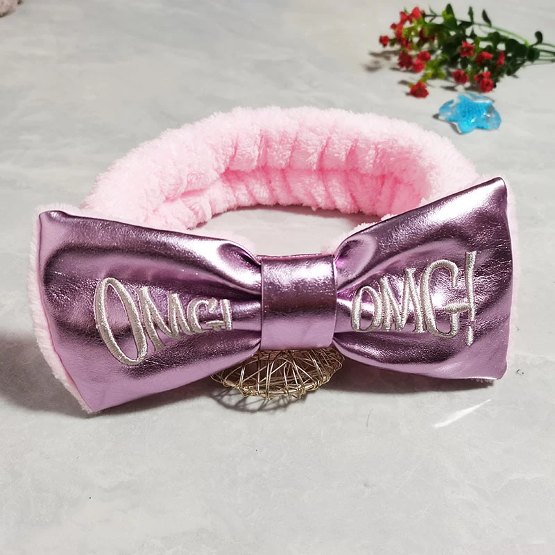 

OMG Letter Lame Color Bow Wash Face Assistant Headbands Lady Hair Wrap Elastic Headpiece Coral Fleece Makeup Headwear Hairbands