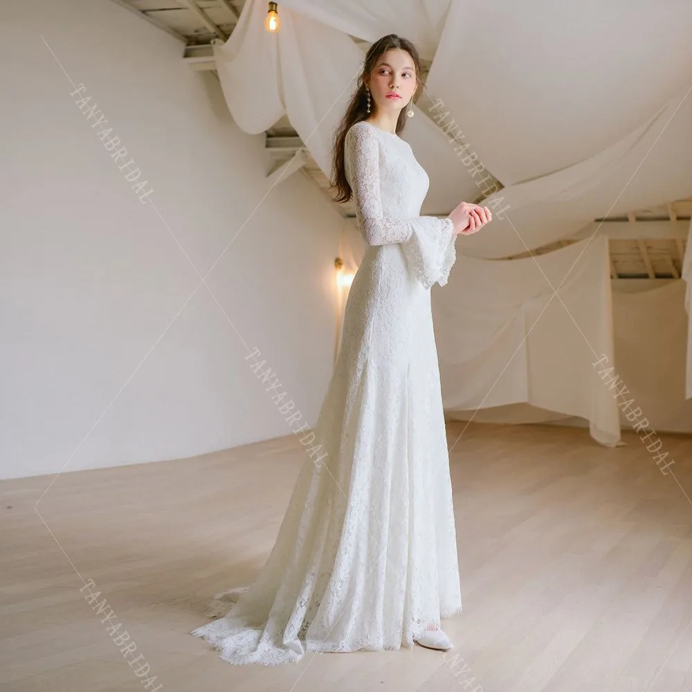 Мягкое кружевное зимнее свадебное платье O Ncek с длинными рукавами и скользящим