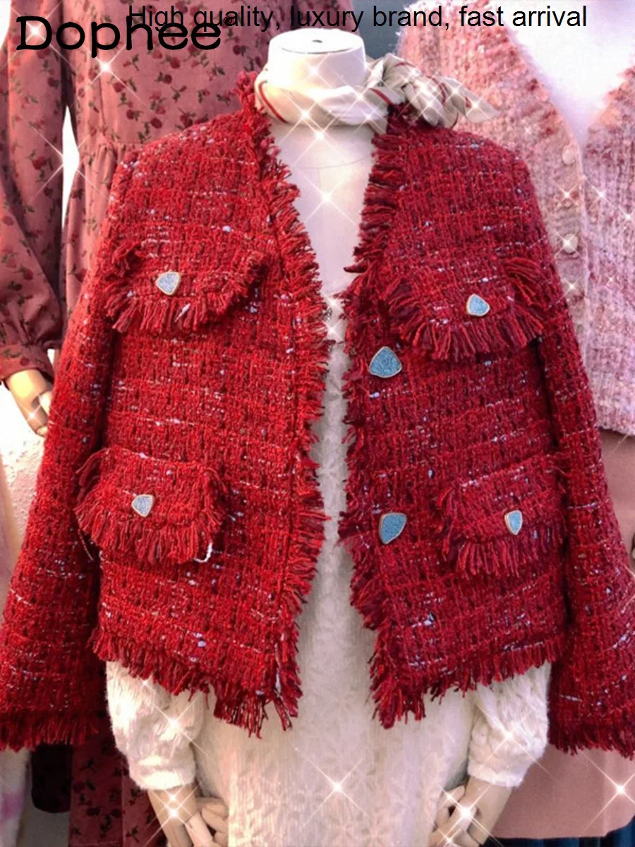 

Red Woolen Christmas Coat Women High Quality Buttons Tassel Cotton Thickened Warm Socialite Temperament Tweed Jacket Top Winter