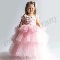 pink lovely pearls chain toddler flower girl dresses tiered backless birthday costumes wedding photography gown customised