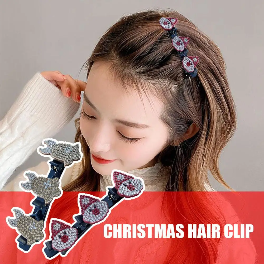 

Christmas Crystal Braided Hair Clips Santa Claus Rhinestones Side Hairpins Barrettes Clip Accessories Korean Bangs Hair Bra M6Q9