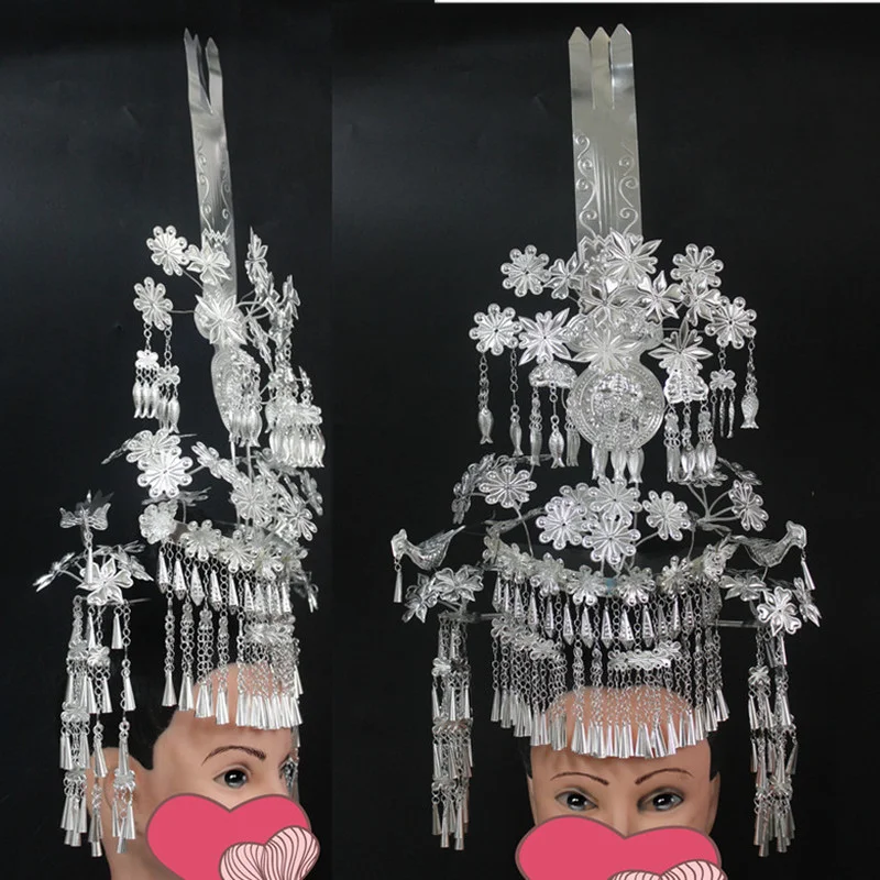 

Chinese Folk Style Hmong Jewelry Headwear Bridal Miao Silver Headdress Festival Accessories Stage Performance Costume