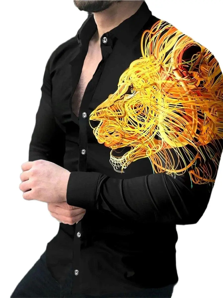 

Мужские рубашки с длинным рукавом, летняя одежда для мужчин с 3D лацканами животных, пуговицами, топ для выпускного, дня рождения, модные руба...