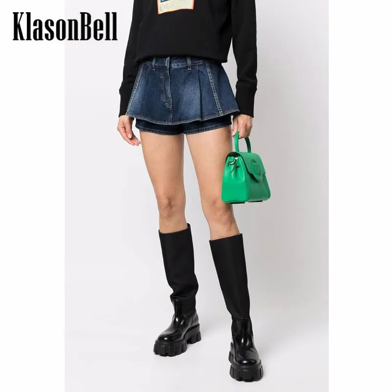 10.23 KlasonBell Fashion Patchwork Denim Fake Two Piece Skirt Shorts 2022 Autumn Winter New High Waist A-Line Shorts