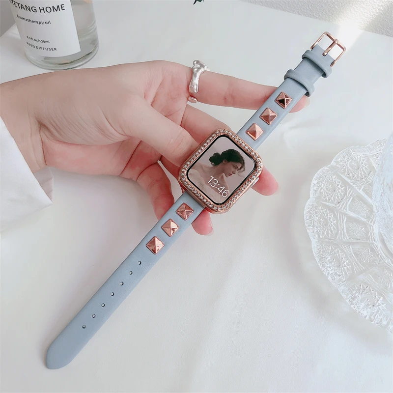 

Slim leather Strap For Apple Watch Series 7 Band 45mm 41mm correa 38/42mm punk rivets Bracelet for iWatch 6 5 4 3 2 SE 44mm 40mm