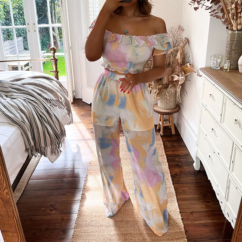 

Elegant Casual Tie Dye 2pcs Women Off Shoulder Ruffle Slash Neck Crop Tops+High Waist Long Pants Suit Sexy Chiffon Beach Outfits